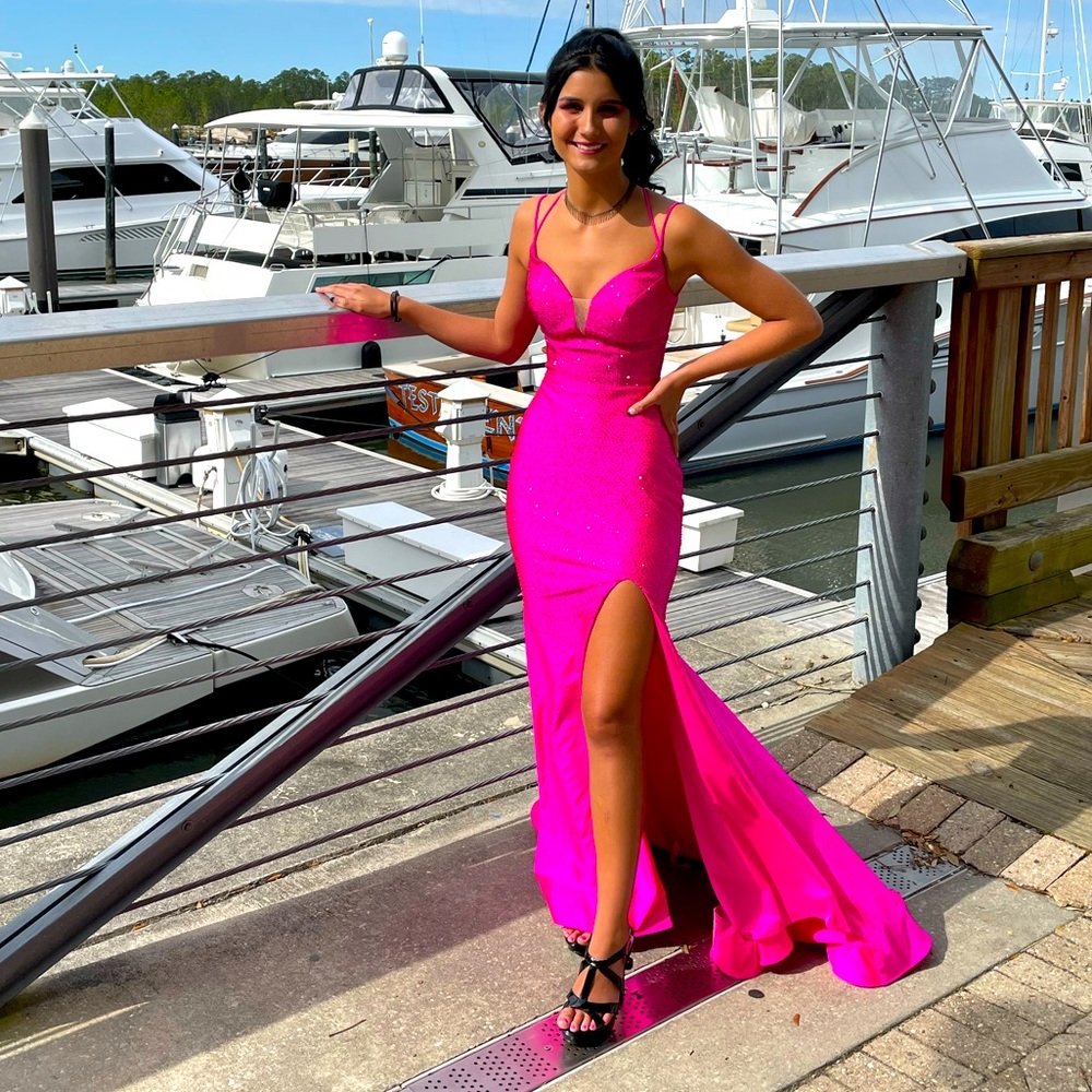 Amarra, Size 0, Fushia with rhinestones. 100% polyester. Strappy back